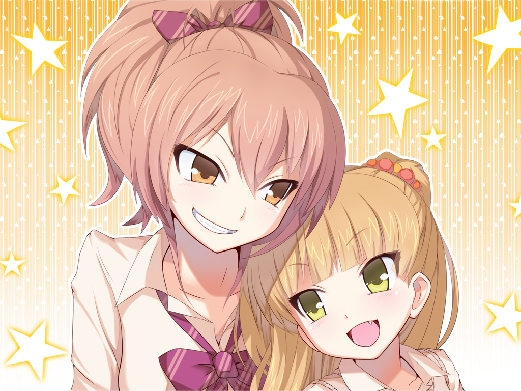 blonde_hair, bow, brown_eyes, fang, hair_bobbles, hair_bow, hair_ornament, idolmaster, idolmaster_cinderella_girls, jougasaki_mika, jougasaki_rika, kishinami, long_hair, multiple_girls, open_mouth, pink_hair, ponytail, siblings, sisters, smile, star, yellow_eyes