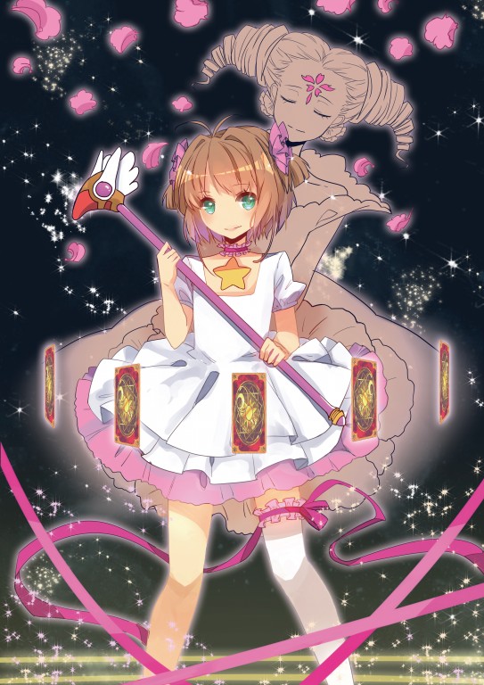 brown_hair, card, card_captor_sakura, cardcaptor_sakura, clow_card, dress, flower_(clow_card), fuuin_no_tsue, green_eyes, kinomoto_sakura, magic_circle, multiple_girls, nanayuna, petals, ribbon, short_hair, single_thighhigh, thigh-highs, thighhighs, twintails, wand