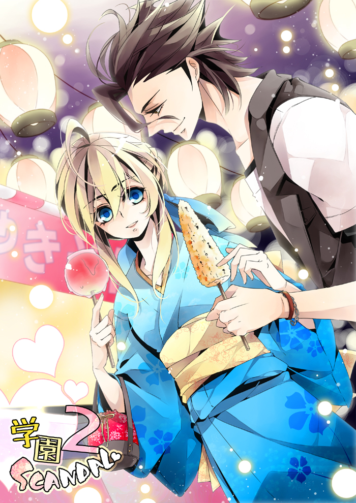 1girl, ahoge, black_hair, blonde_hair, candy_apple, dutch_angle, fate/zero, fate_(series)