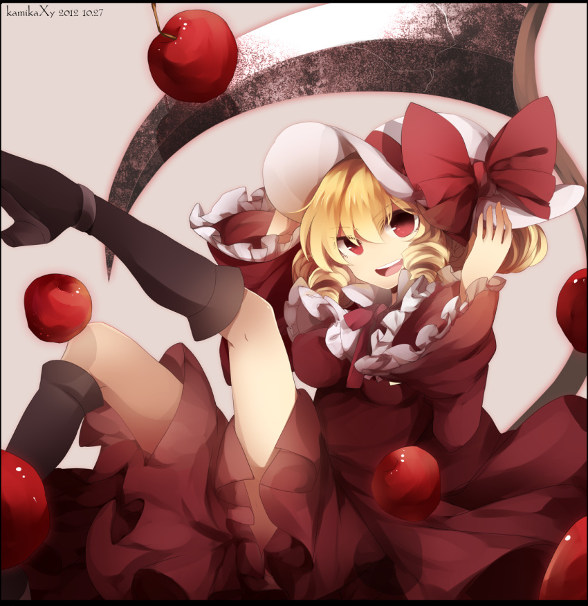 apple, blonde_hair, boots, bow, dated, dress, elly, food, fruit, hat, hat_bow, highres, long_hair, open_mouth, red_eyes, scythe, shouen_kigashi, smile, solo, touhou, touhou_(pc-98)