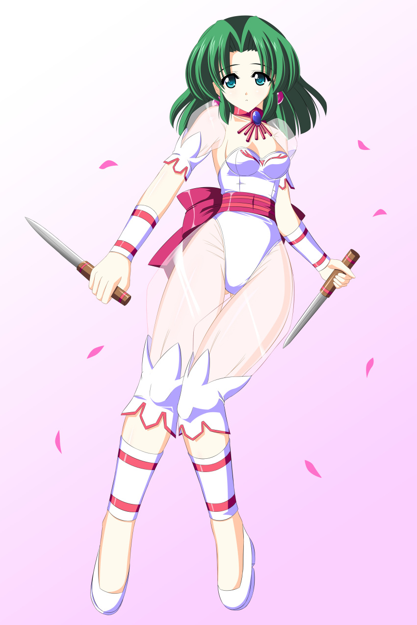 absurdres, ankle_cuffs, battle_arena_toshinden, bloomers, bow, choker, dagger, dual_wielding, earrings, ellis_(battle_arena_toshinden), gradient, gradient_background, green_eyes, green_hair, highres, jewelry, leotard, petals, pink_background, ribbon, see-through, shoes, short_hair, solo, thigh_gap, weapon, white_background, wrist_cuffs, yakkey