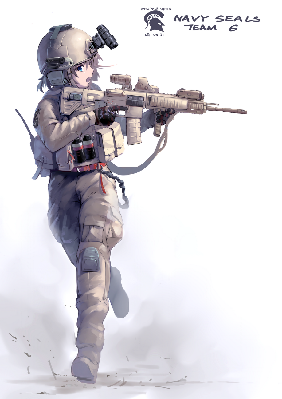 assault_rifle, belt, blue_eyes, brown_hair, explosive, gloves, grenade, gun