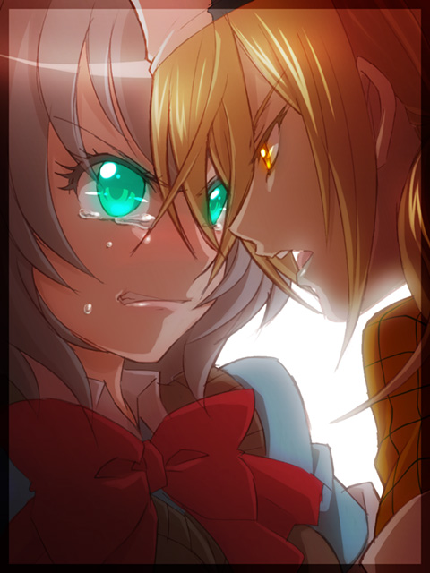 angry, binbougami_ga!, blonde_hair, bowtie, close-up, dress_shirt, face, green_eyes