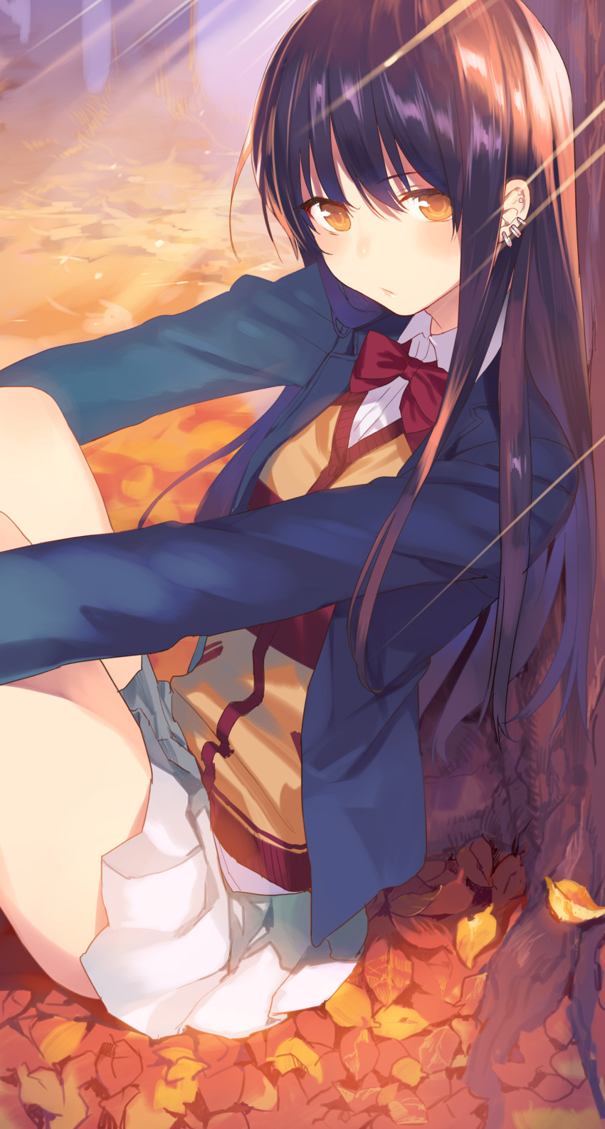 absurdres, against_tree, autumn_leaves, black_hair, blush, earrings, highres, jewelry