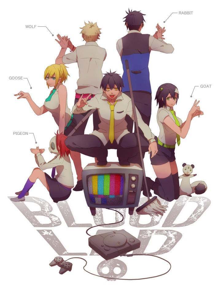 3girls, bel_hydra, black_hair, black_legwear, blonde_hair, blood_lad, blue_eyes, character_request
