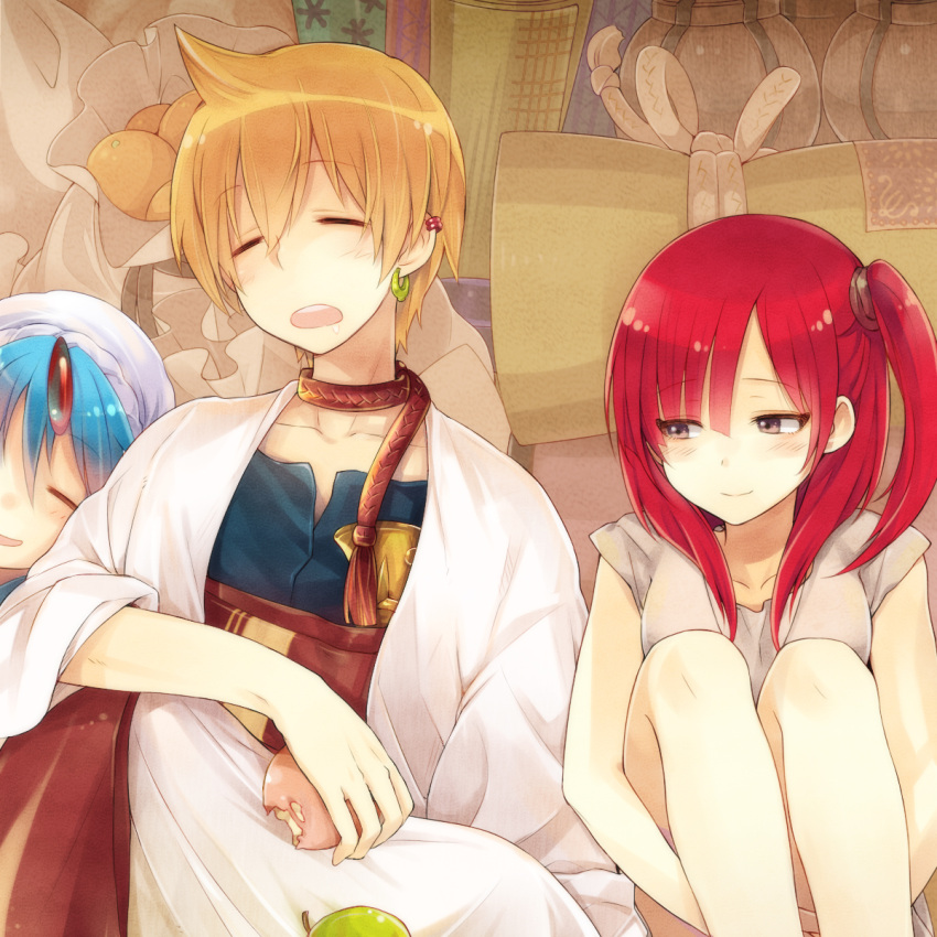 2boys, aladdin_(magi), ali_baba_saluja, apple, bag, blonde_hair, blue_eyes, blush