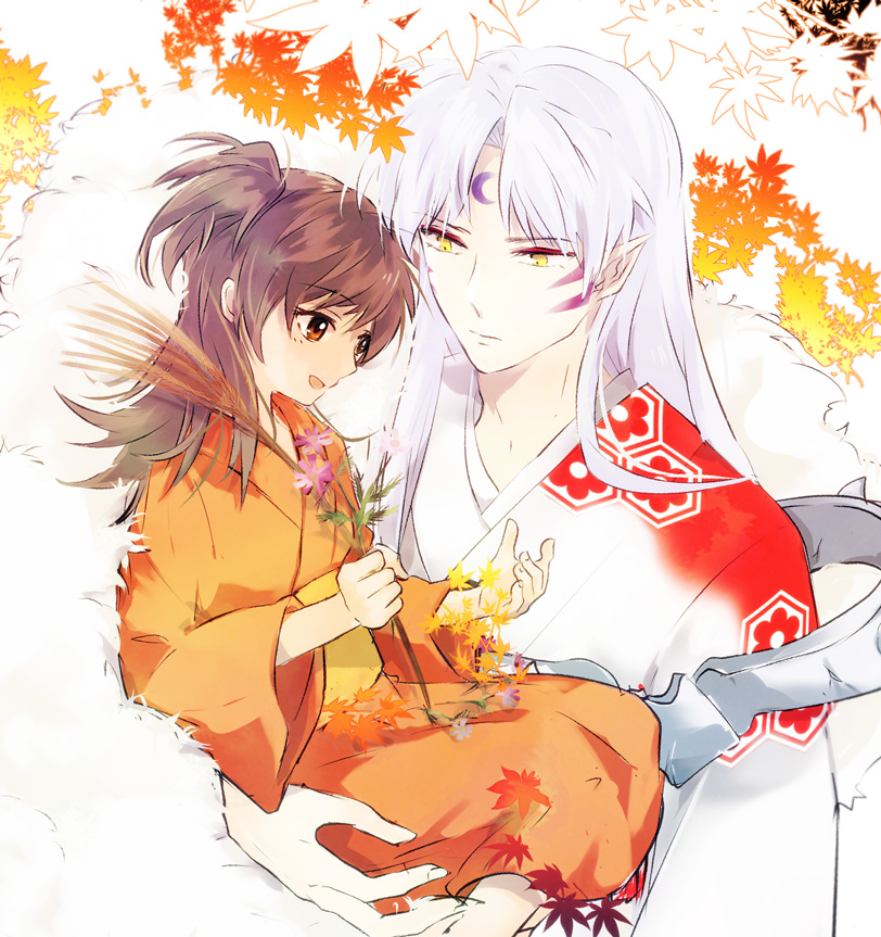 1girl, 867867, armor, brown_hair, child, expressionless, facial_mark, flower, holding, inuyasha, japanese_clothes, kimono, leaf, light_smile, maple_leaf, one_side_up, rin_(inuyasha), sesshoumaru, white_hair, yukata
