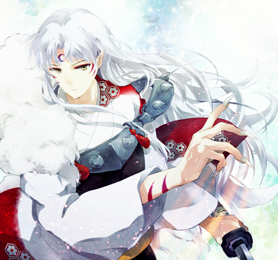 867867, armor, claws, crescent_moon, eyeshadow, facial_mark, fingernails, floating_hair