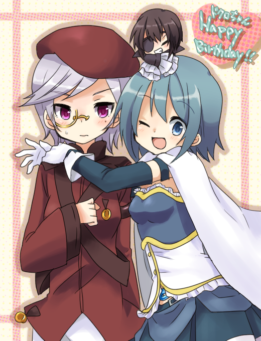 ;d, asami_saki, black_hair, blue_eyes, blue_hair, cape, chibi, eyepatch, gloves, happy_birthday, hat, hug, kure_kirika, mahou_shoujo_kazumi_magica, mahou_shoujo_madoka_magica, mahou_shoujo_oriko_magica, miki_sayaka, monocle, multiple_girls, open_mouth, polka_dot, polka_dot_background, purple_hair, seeds328, short_hair, skirt, smile, sweatdrop, wink