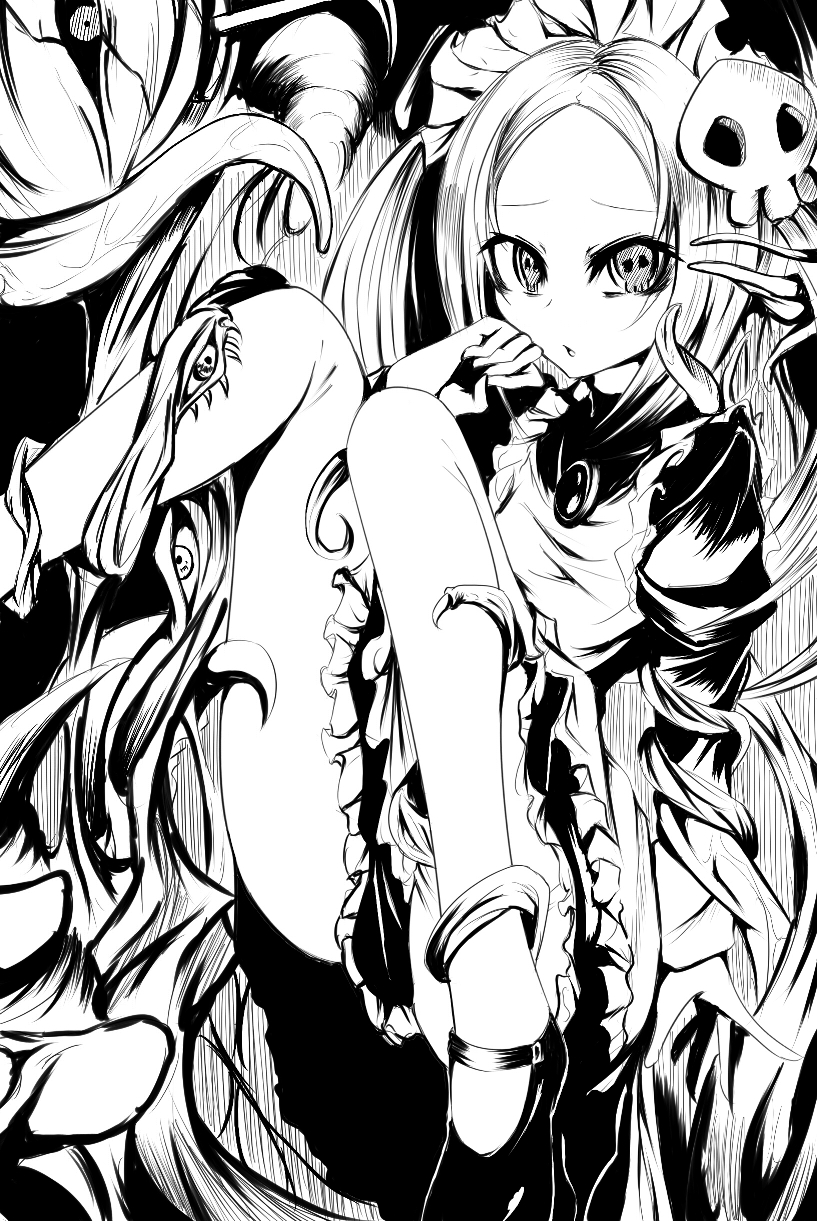 2girls, bloody_marie_(skullgirls), bone, double_(skullgirls), hair_ornament, highres, maid, maid_uniform