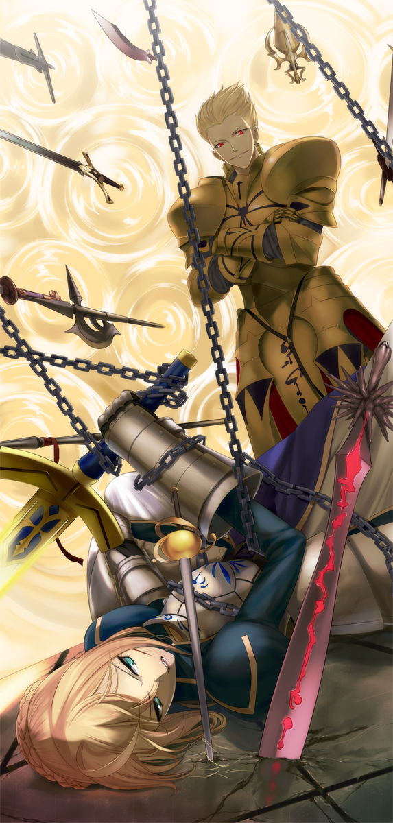 1girl, ahoge, armor, armored_dress, blonde_hair, chain, chains, dress