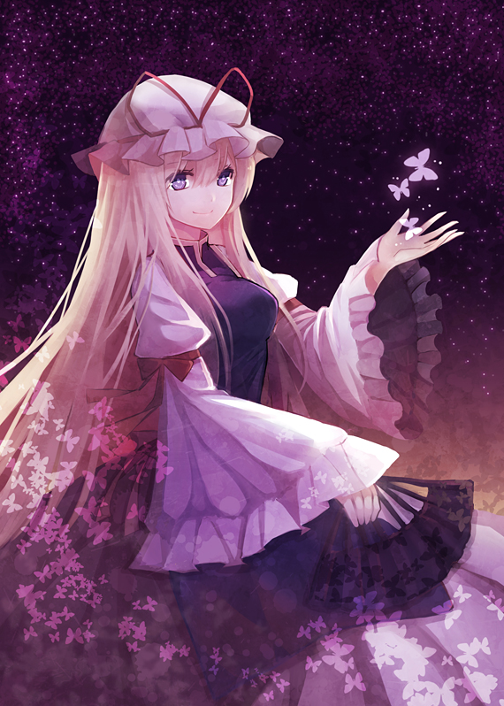 blonde_hair, breasts, butterfly, cuivre, dress, fan, folding_fan, hat