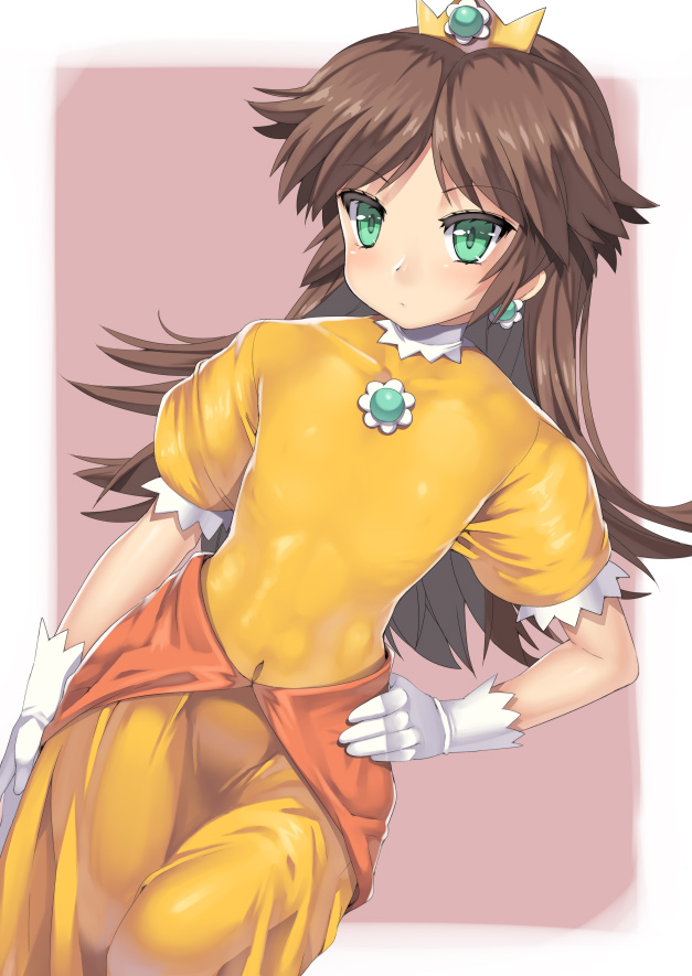 aqua_eyes, blush, brooch, brown_hair, clothed_navel, dress, earrings, flat_chest