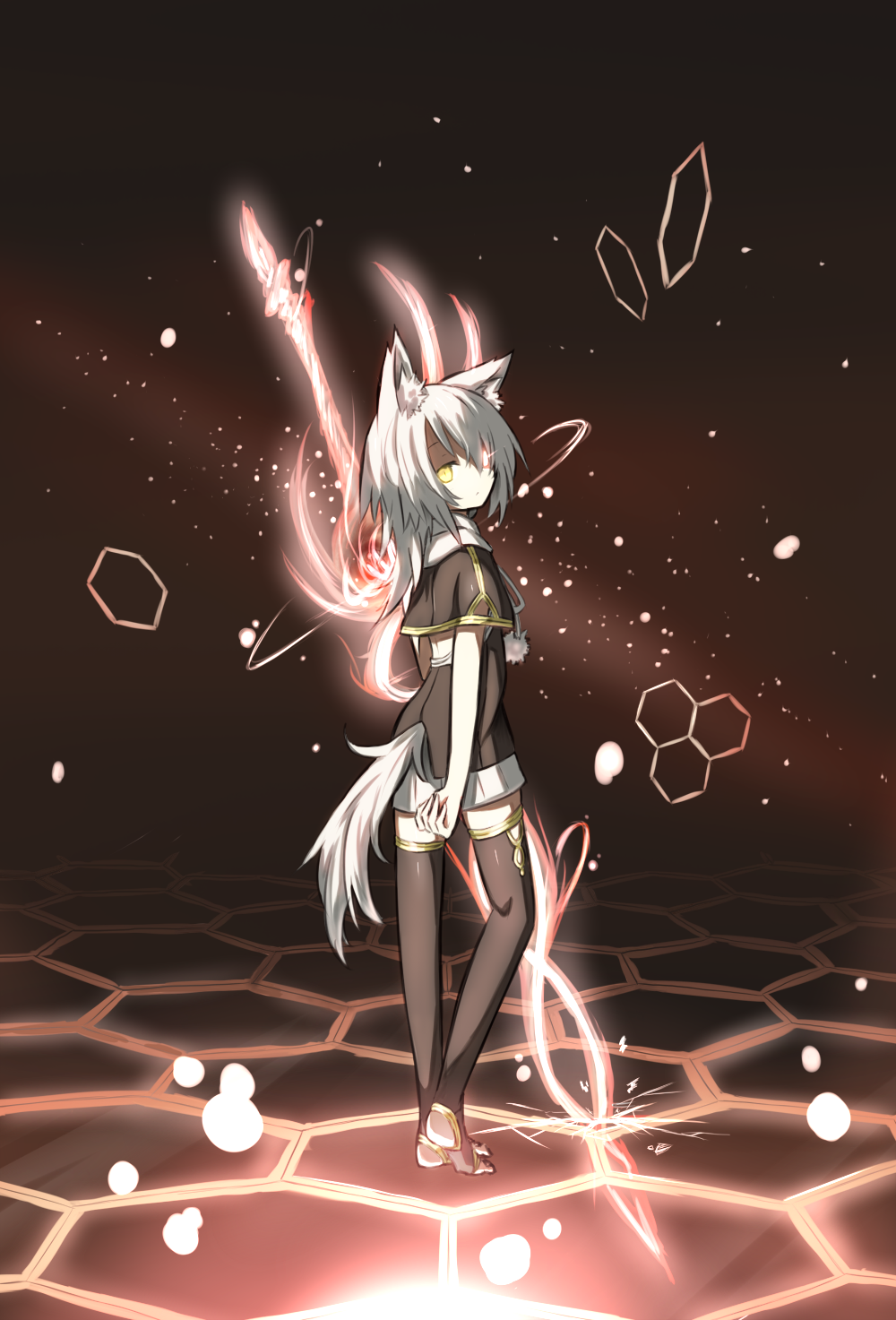 animal_ears, barefoot, glowing, glowing_eye, highres, looking_at_viewer, looking_back, original