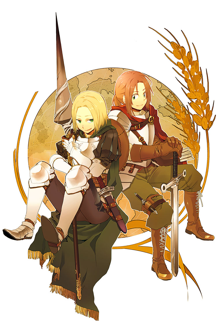 armor, axis_powers_hetalia, belt, blonde_hair, boots, brown_hair, gauntlets, greaves