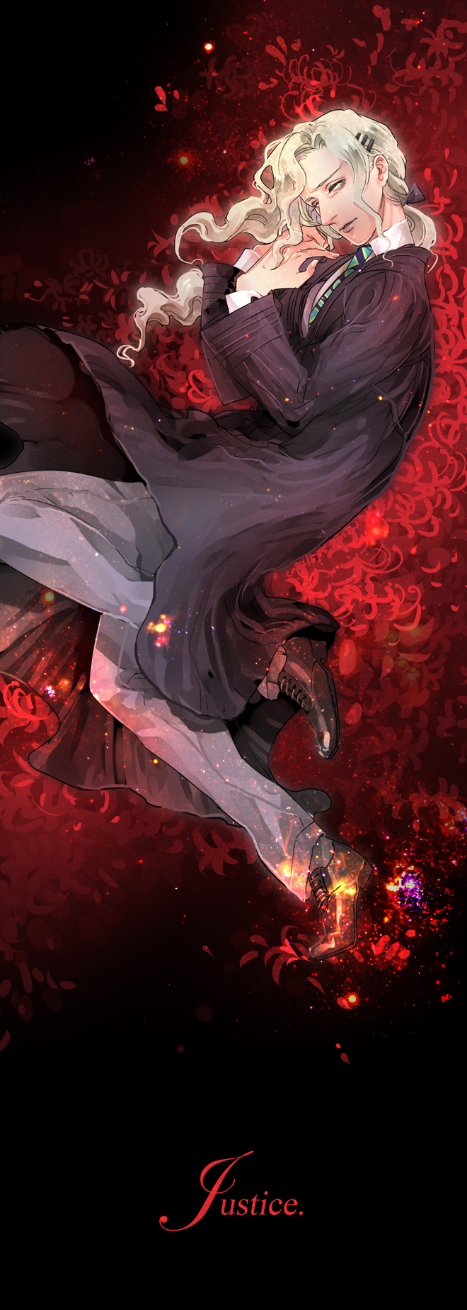 email555, green_eyes, hair_ornament, hairclip, highres, judge_robe, lips, long_hair, necktie, robe, silver_hair, solo, tiger_&amp;_bunny, yuri_petrov