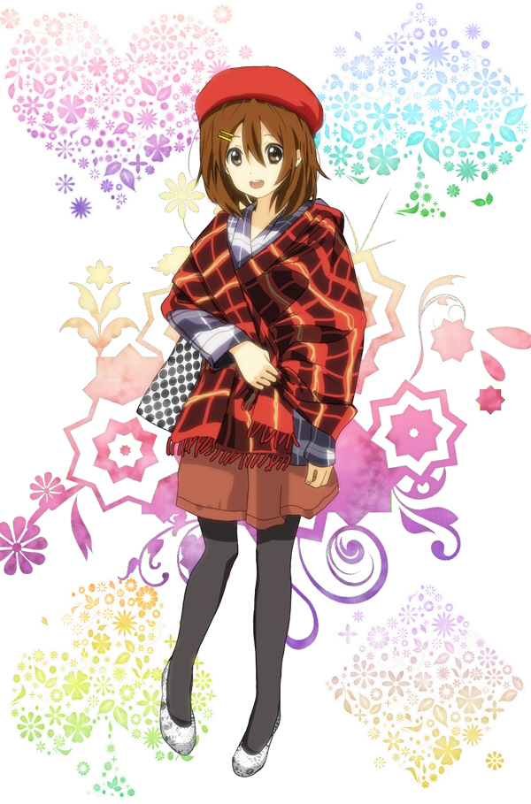 atsumi_haru, beret, brown_eyes, brown_hair, hair_ornament, hairclip, hat, hirasawa_yui, k-on!, pantyhose, smile, solo