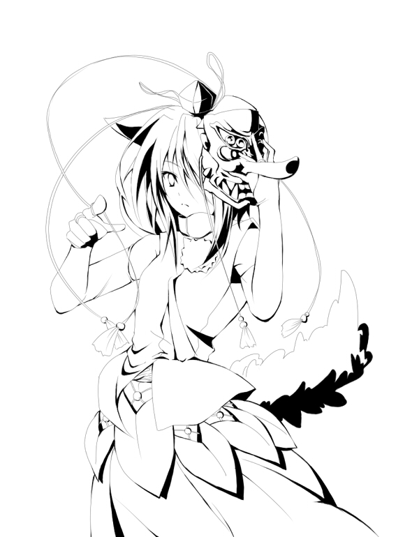 animal_ears, atsumi_haru, hat, inubashiri_momiji, lineart, mask, monochrome, solo