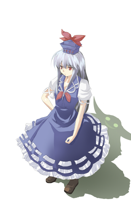 atsumi_haru, blue_hair, different_shadow, ex-keine, hand_on_hip, hat, kamishirasawa_keine, long_hair