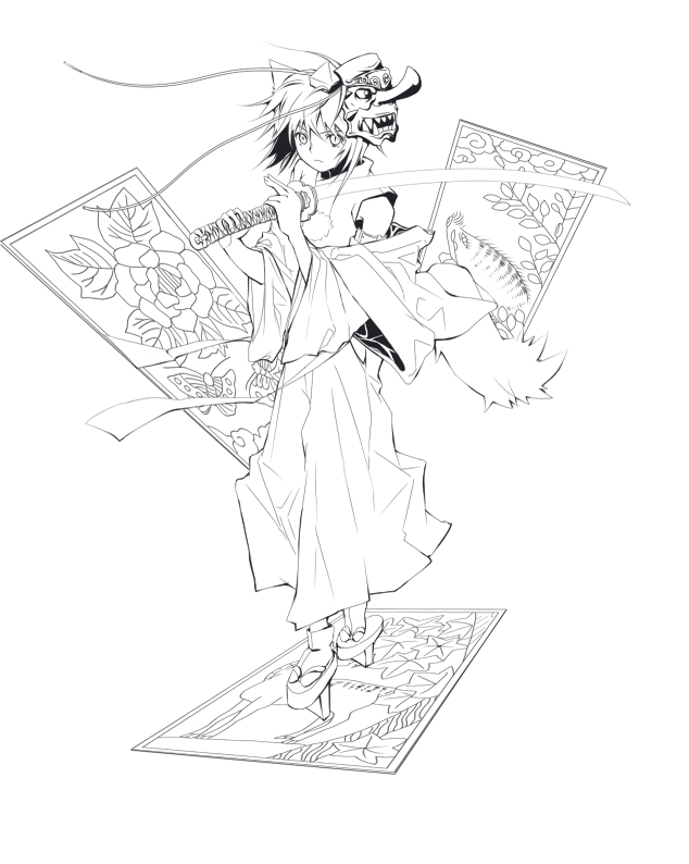 atsumi_haru, inubashiri_momiji, lineart, mask, monochrome, solo, sword, touhou