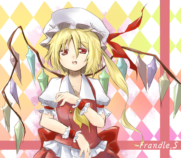 atsumi_haru, blonde_hair, character_name, flandre_scarlet, hat, looking_at_viewer, red_eyes, smile