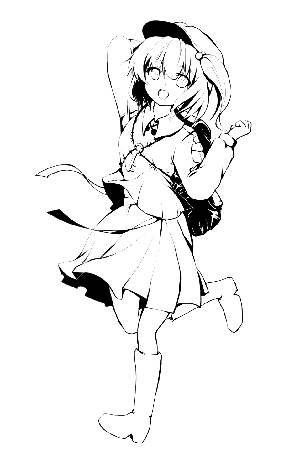 atsumi_haru, hat, highres, kawashiro_nitori, key, lineart, monochrome, open_mouth