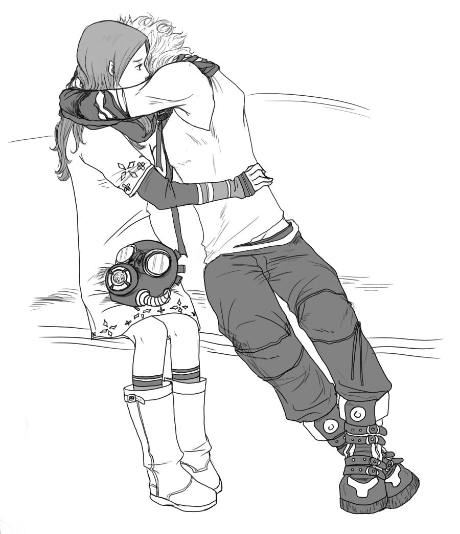 1girl, 999, boots, dress, gas_mask, hug, kiu22, kurashiki_akane