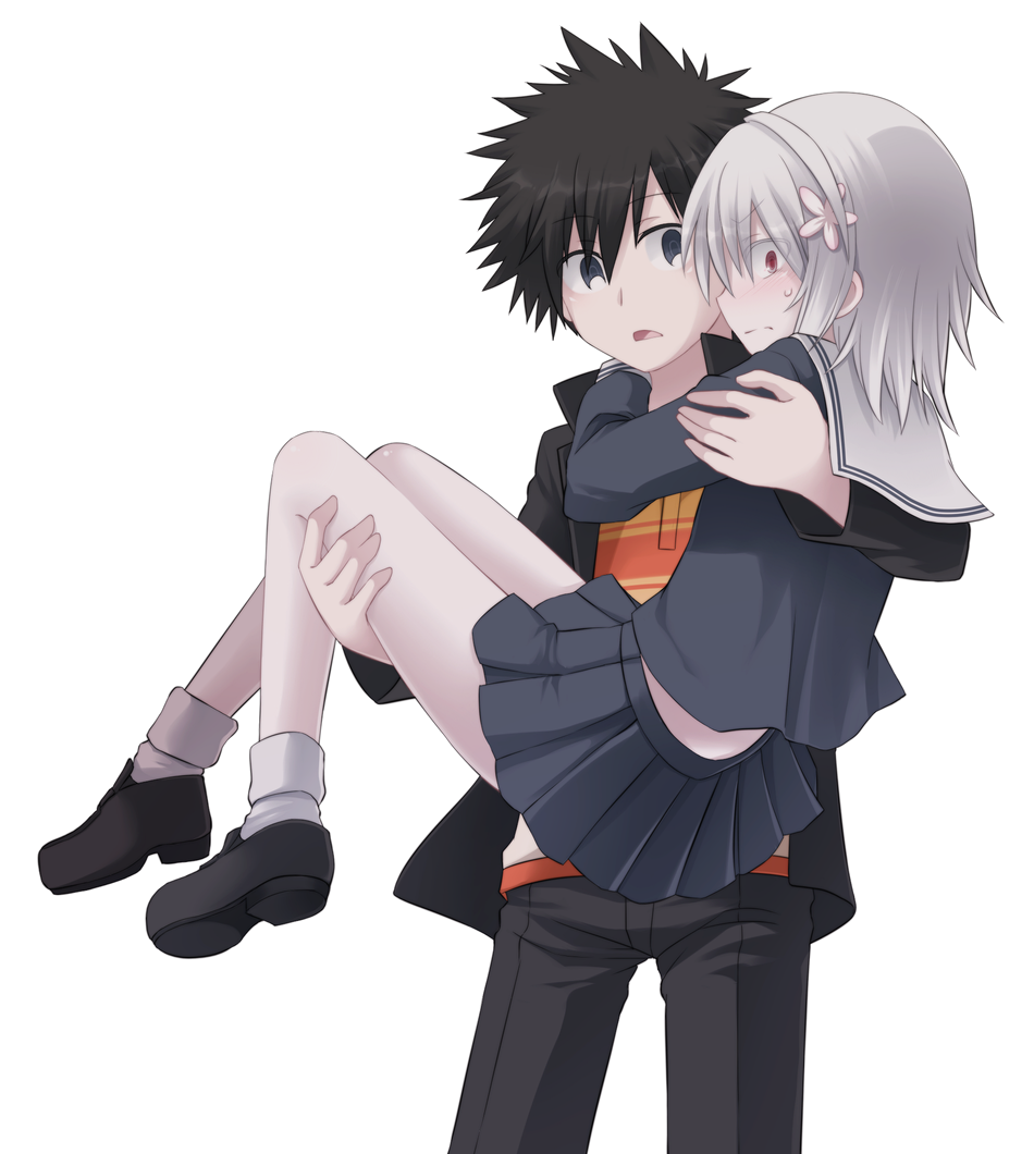 1girl, accelerator, black_hair, carrying, genderswap, idora, idora_(idola), kamijou_touma