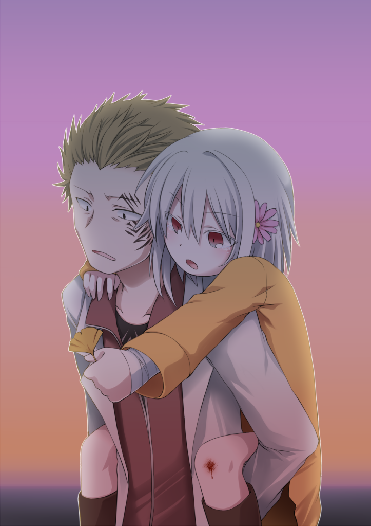 1boy, 1girl, accelerator, blood, facial_mark, flower, genderswap, gradient