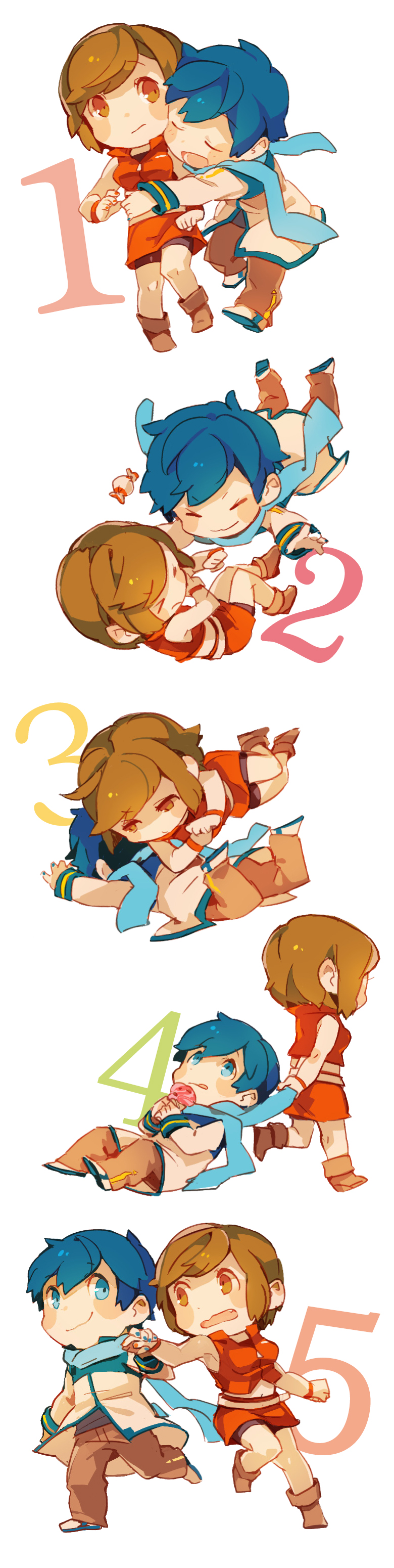 1girl, 8'108, 8'108, absurdres, blue_hair, brown_hair, chibi, fang