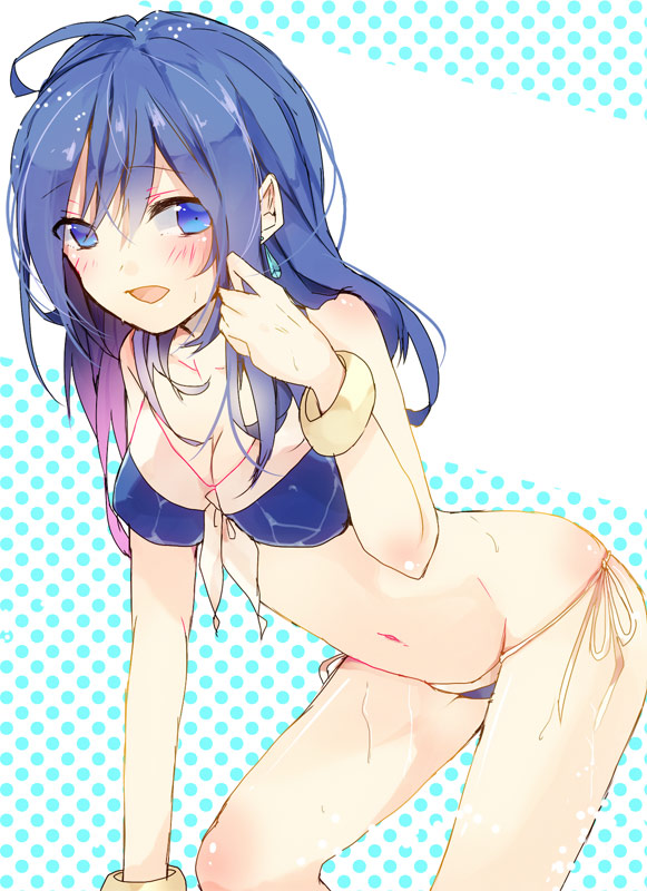 amana_raika, bikini, blue_eyes, blue_hair, blush, body_blush, bracelet, breasts