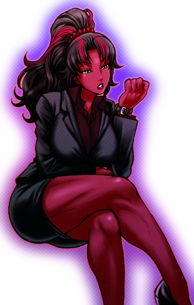 alternate_color, black_hair, breasts, chiba_toshirou, crossed_legs, formal, high_ponytail, large_breasts