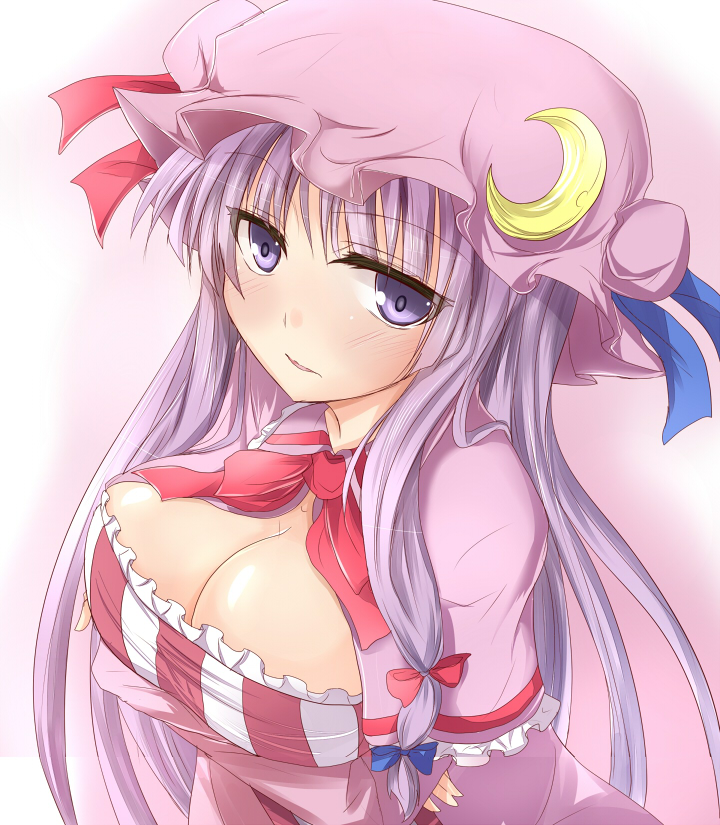 bow, breasts, capelet, cleavage, crescent, hair_bow, hat, long_hair
