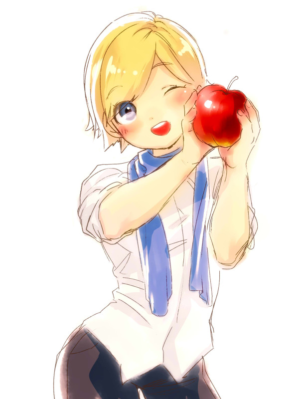 ;d, apple, artist_request, blonde_hair, blue_eyes, blush, food, fruit