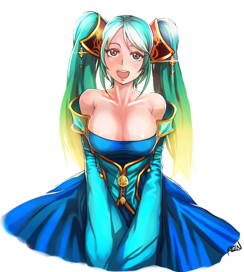 blue_eyes, blue_hair, breasts, cleavage, collarbone, detached_sleeves, dress, gradient_hair