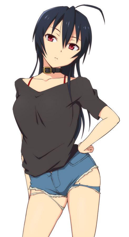 ahoge, black_hair, bra_strap, choker, chuunibyou_demo_koi_ga_shitai!, collar, collarbone, cutoffs, denim, denim_shorts, hand_on_hip, hands_on_hips, hashi, long_hair, looking_at_viewer, red_eyes, short_shorts, shorts, simple_background, solo, takanashi_toka, takanashi_touka, torn_clothes, white_background