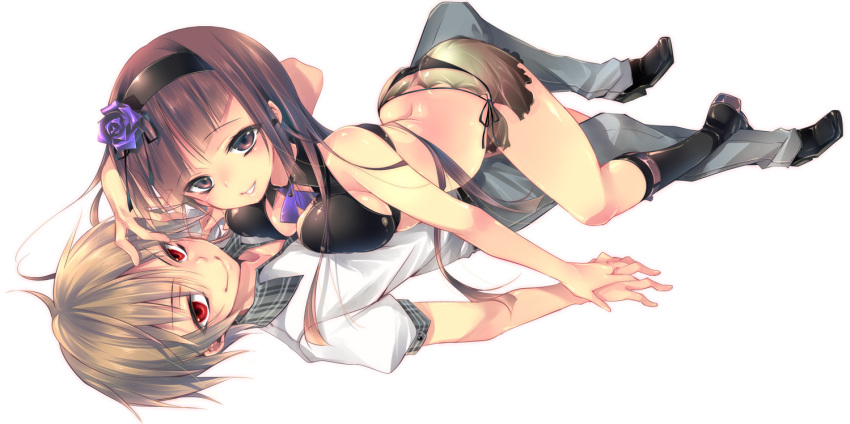 1girl, bikini, black_bikini, black_hair, blonde_hair, breast_press, breasts, brown_hair, cleavage, hairband, hand_holding, holding_hands, ikagawa_tokage, kamishiki, long_hair, looking_at_viewer, lying, lying_on_person, on_back, red_eyes, side-tie_bikini, simple_background, smile, sugamo_ryou, swimsuit, tokage_no_ou, white, white_background