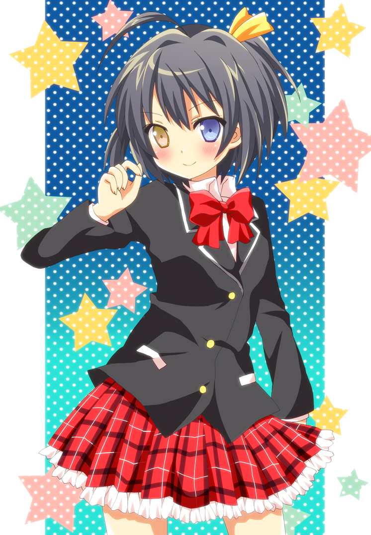 bad_id, black_hair, blue_eyes, blush, bow, chuunibyou_demo_koi_ga_shitai!, heterochromia, kumakichi_(toshigat)