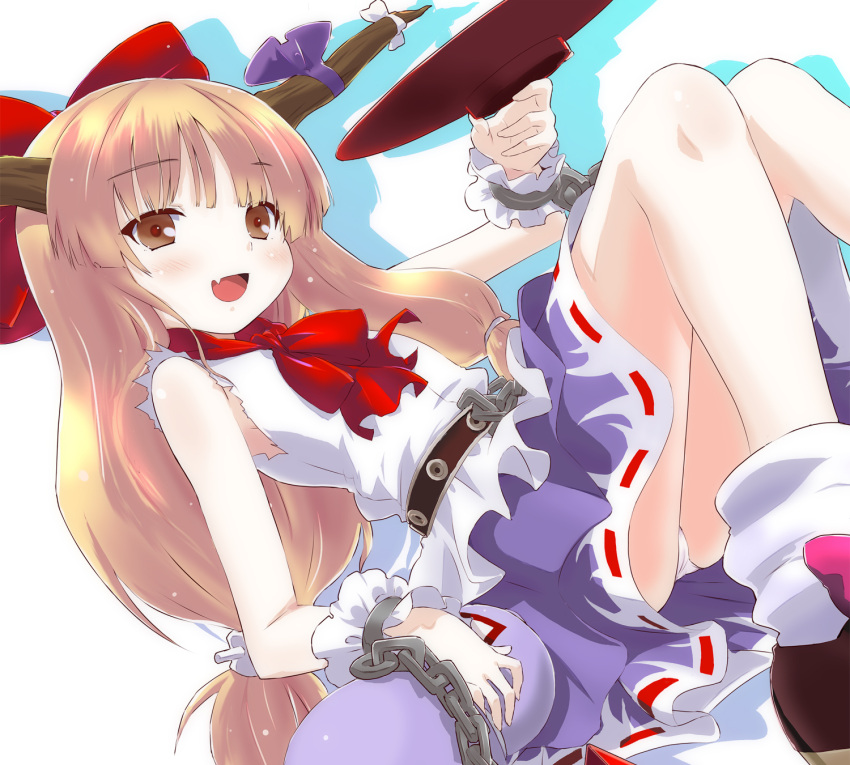 :d, blonde_hair, blush, brown_eyes, chain, chains, cuffs, cyiell_(c1)