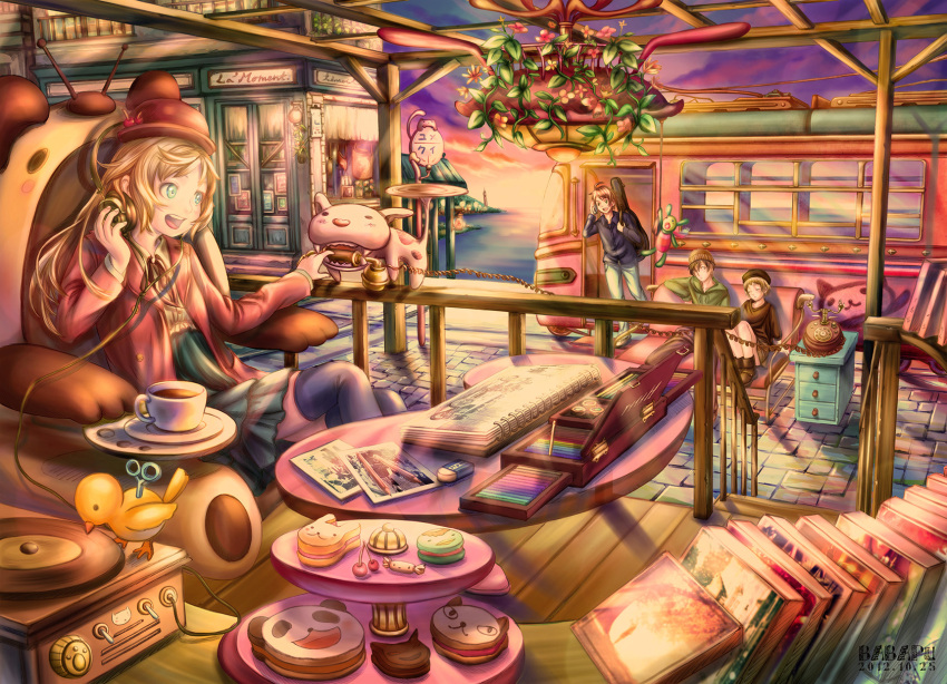 2girls, blonde_hair, book, brown_eyes, brown_hair, cup, green_eyes, hat