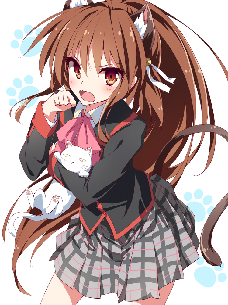 animal_ears, bell, brown_eyes, brown_hair, cat, cat_ears, cat_tail, fang