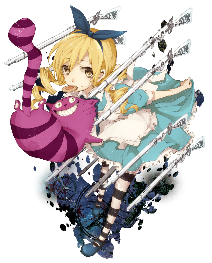 akamega, alice_(wonderland), alice_(wonderland)_(cosplay), alice_in_wonderland, apron, blonde_hair, cheshire_cat, cookie, cosplay, dress, drill_hair, food, gun, hair_ribbon, magical_musket, mahou_shoujo_madoka_magica, mouth_hold, pantyhose, ribbon, shoes, striped, striped_legwear, tomoe_mami, weapon, white_background, yellow_eyes