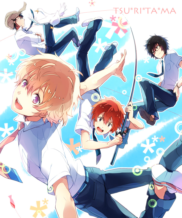 akira_agarkar_yamada, bird, black_hair, blonde_hair, duck, fishing_rod, glasses, haru_(tsuritama)