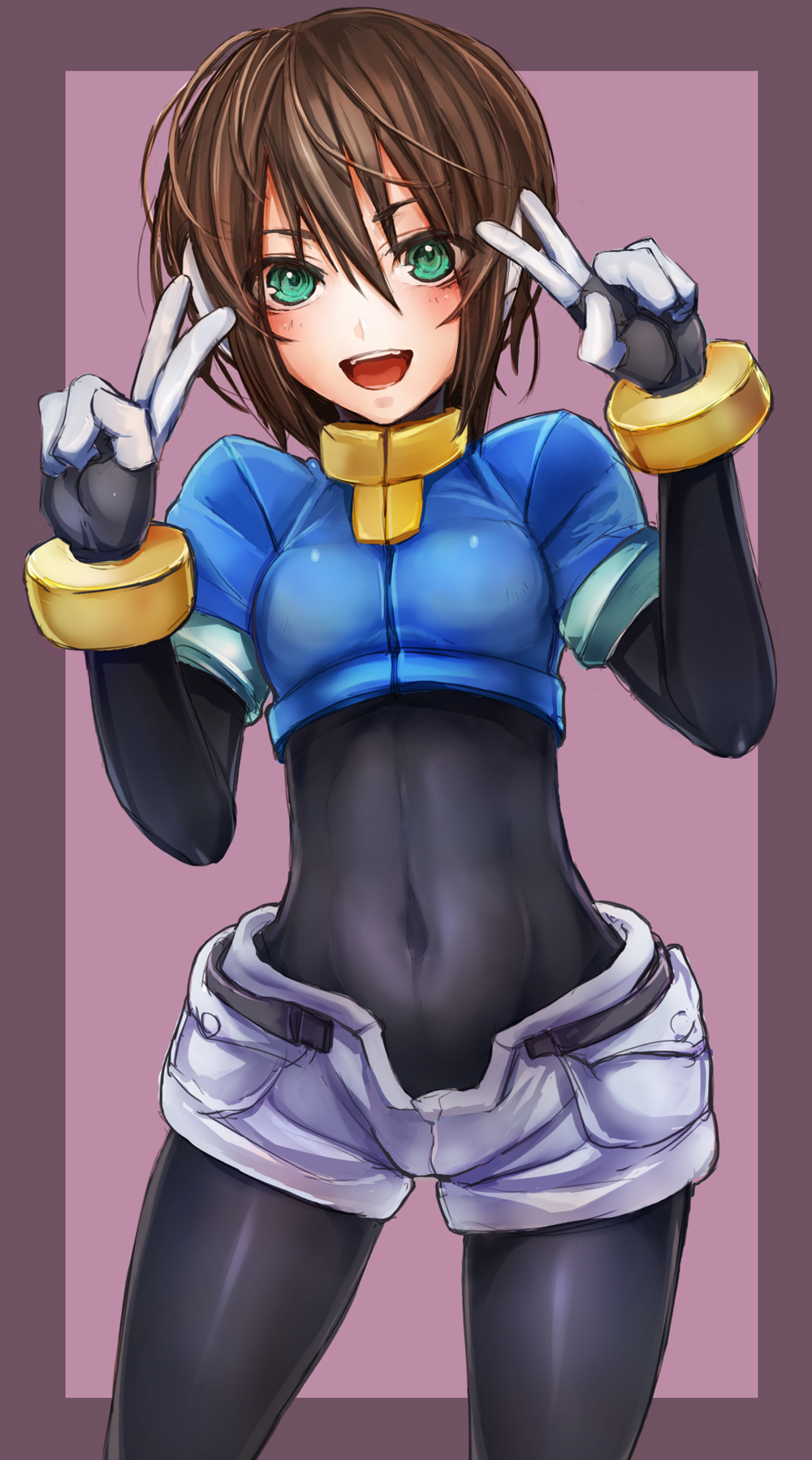 :d, aile, belt, blush, bodysuit, border, brown_hair, double_v