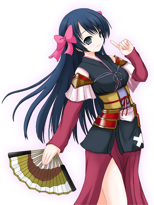 bad_id, blue_eyes, blue_hair, blush, detached_sleeves, fan, folding_fan, japanese_clothes, kusazuri, long_hair, niwa_nagahide_(oda_nobuna_no_yabou), oda_nobuna_no_yabou, pointing, raku_kokorosashi, side_slit, smile, sode, solo