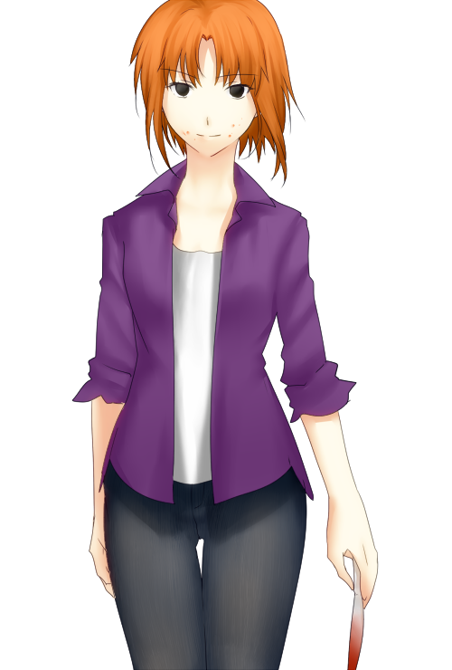 1girl, asukasukisuki, black_eyes, blood, fate/zero, fate_(series), genderswap, jacket, orange_hair, purple_jacket, scalpel, solo, uryuu_ryuunosuke