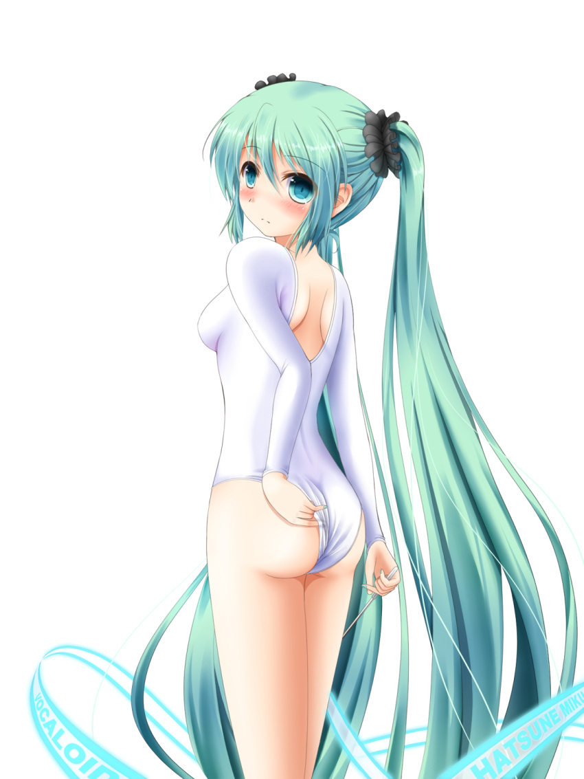 aqua_eyes, aqua_hair, ass, character_name, gymnastics, hatsune_miku, highres, leotard