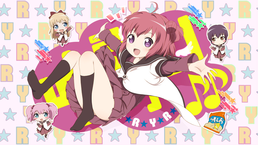 :d, ahoge, akaza_akari, black_hair, black_legwear, blonde_hair, blue_eyes, blush_stickers