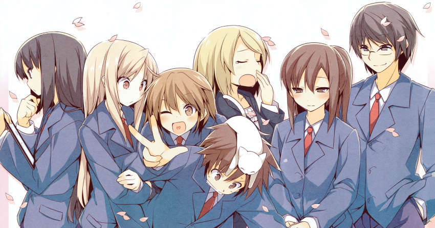 2boys, 4girls, 5girls, akasaka_ryounosuke, akasaka_ryuunosuke, aoyama_nanami, black_hair, blazer