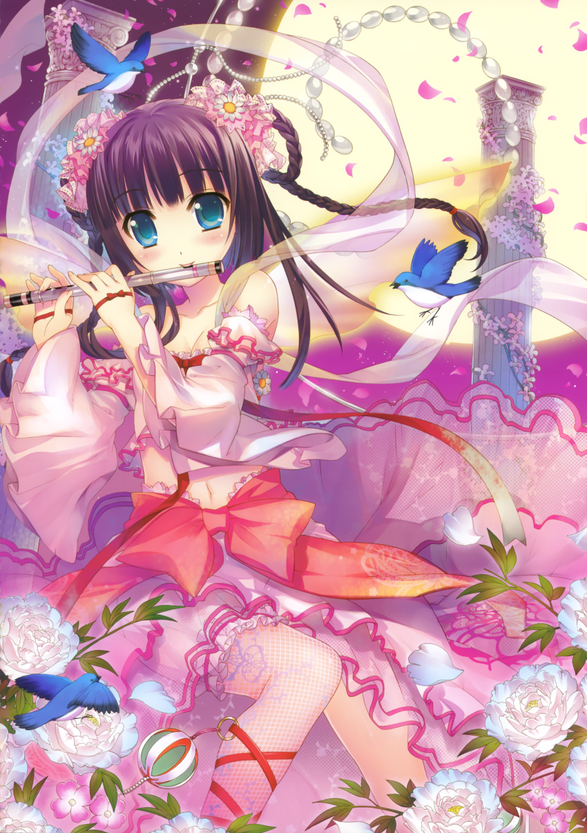absurdres, bird, blue_eyes, braid, breasts, celestial, cleavage, copyright_request, fishnets, flower, flute, fujima_takuya, full_moon, highres, instrument, midriff, moon, petals, purple_hair, single_thighhigh, thigh-highs, thighhighs, twin_braids